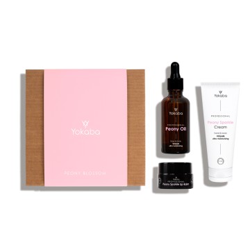 Geschenkbox Peony Blossom: Peony Sparkle Cream 75 ml,  Peony Oil 50 ml,  Peony Sparkle Lippenbalsam 15 ml,  Yokaba