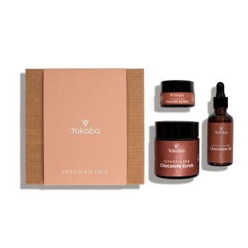 Geschenkbox Chocolate Taste: Schokoladenöl 50 ml,  Schokoladenscrub 100 ml,  Schokoladenlippenbalsam 15 ml,  Yokaba