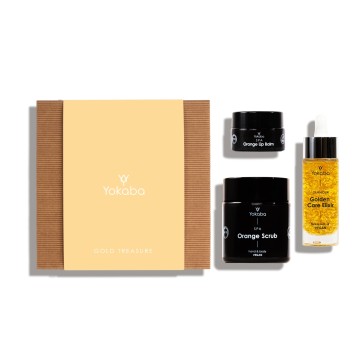 Geschenkbox Gold Treasure: Golden Care Elixir 30 ml,  Orange Scrub 100 ml,  Orange Lip Balm 15 ml,  Yokaba