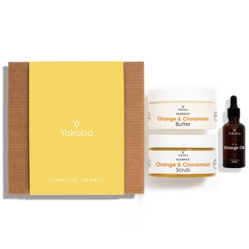 Sparkling Orange Geschenkset: Orangenöl 50 ml,  Orangen-Zimt-Butter 200 ml,  Orangen-Zimt-Peeling 250 g